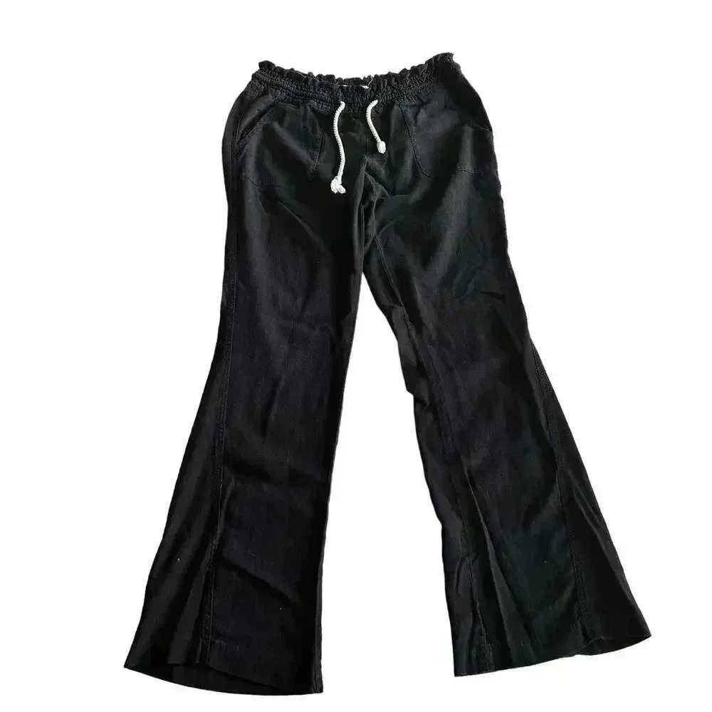 Black linen blend straight leg pants with drawstring and pockets women’s small